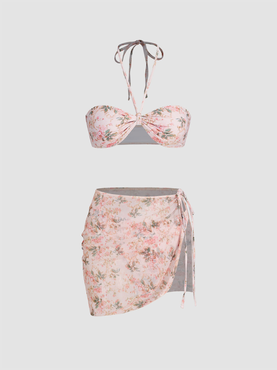 Halter Floral Cheeky Bikini Swimsuit With Mesh Sarong