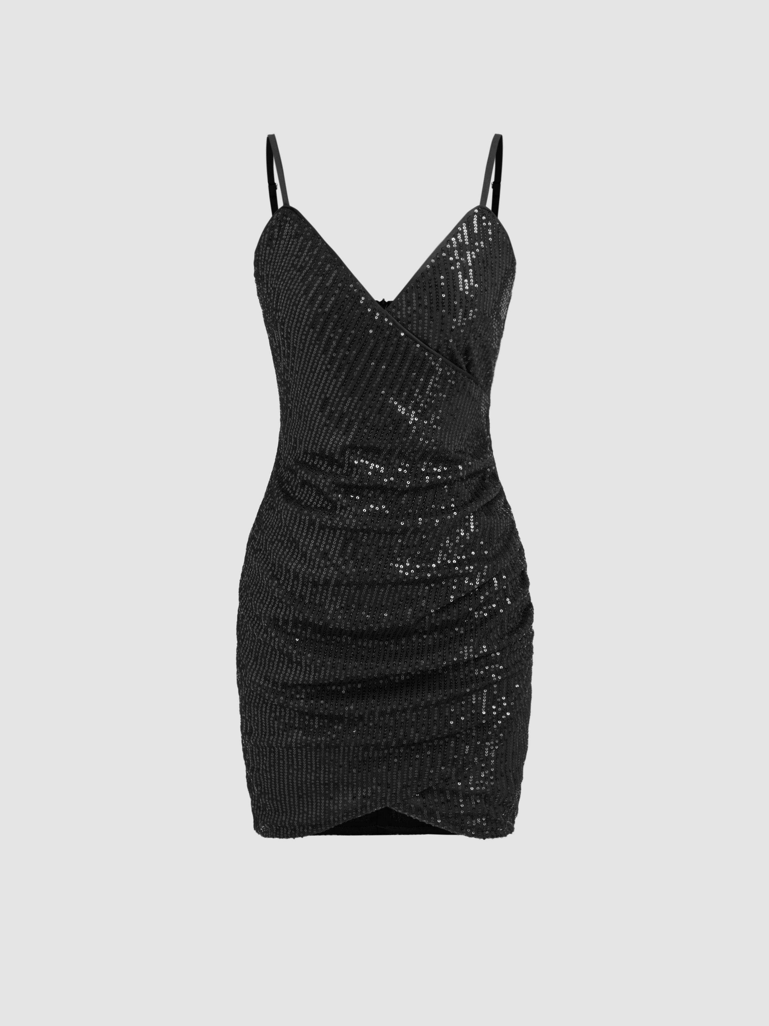 Sequin V-neck Solid Wrap Ruched Mini Dress For Party/Clubbing