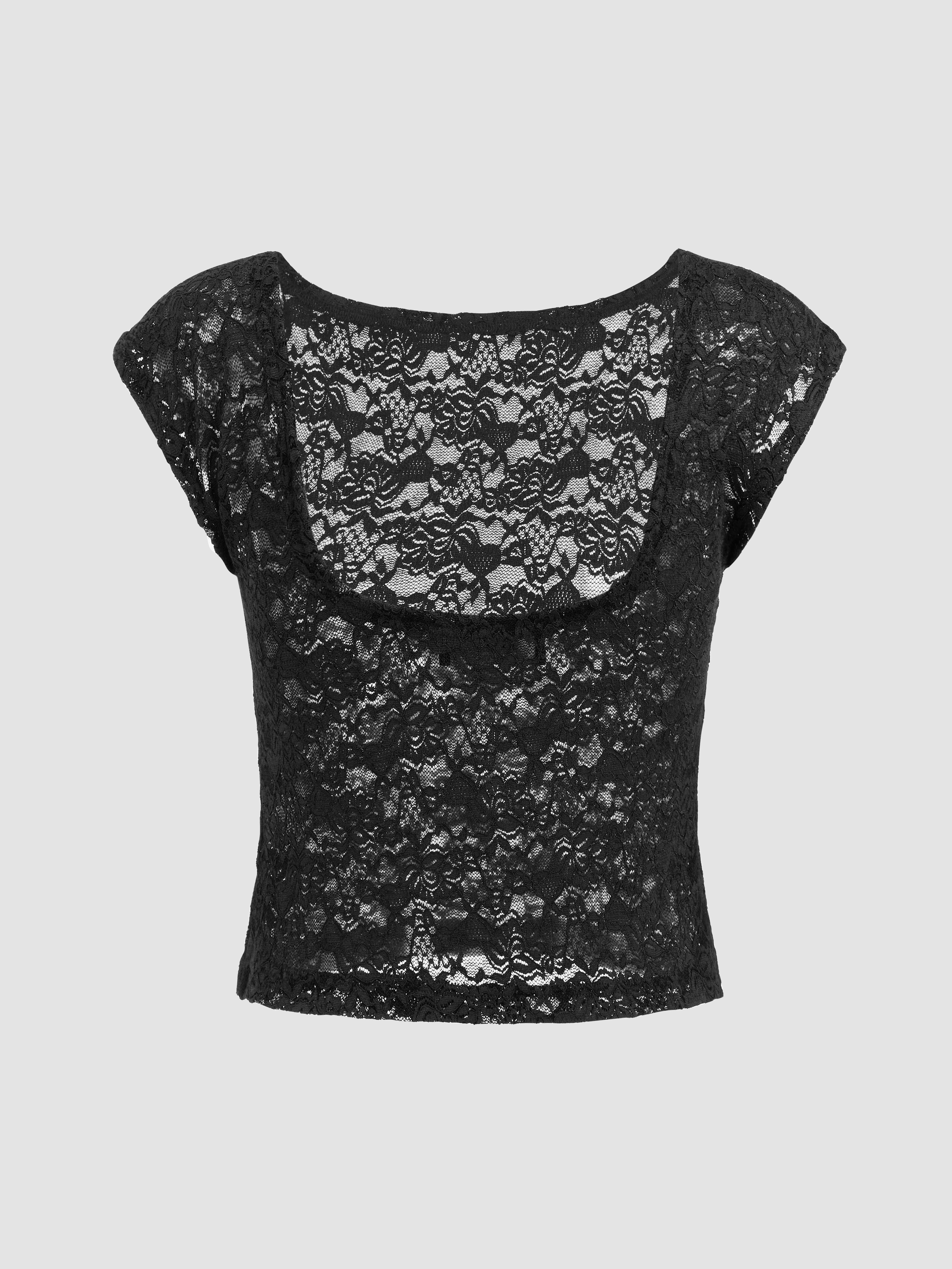 Lace Lace Boat Neck See-through Crop Short Sleeve Top For Date