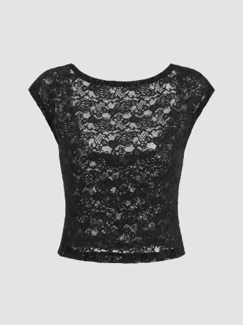 Spitze Bootshals durchsichtiger Kurzärmliger Crop-Top