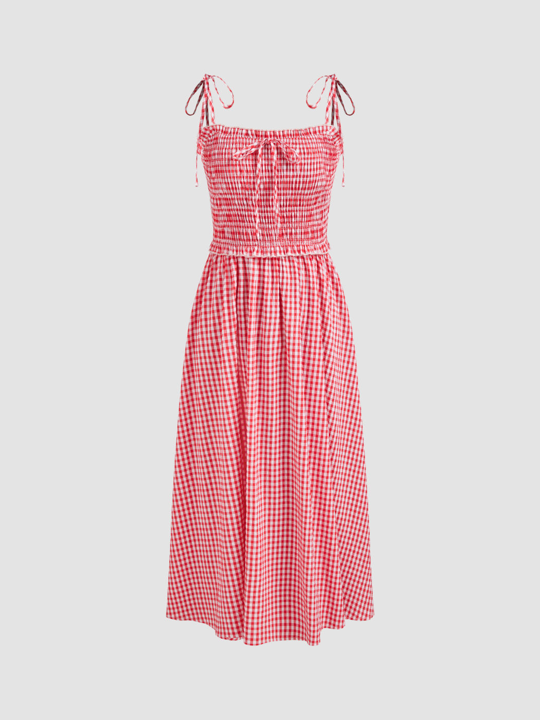 Square Neck Gingham Shirred Knotted Midi Dress