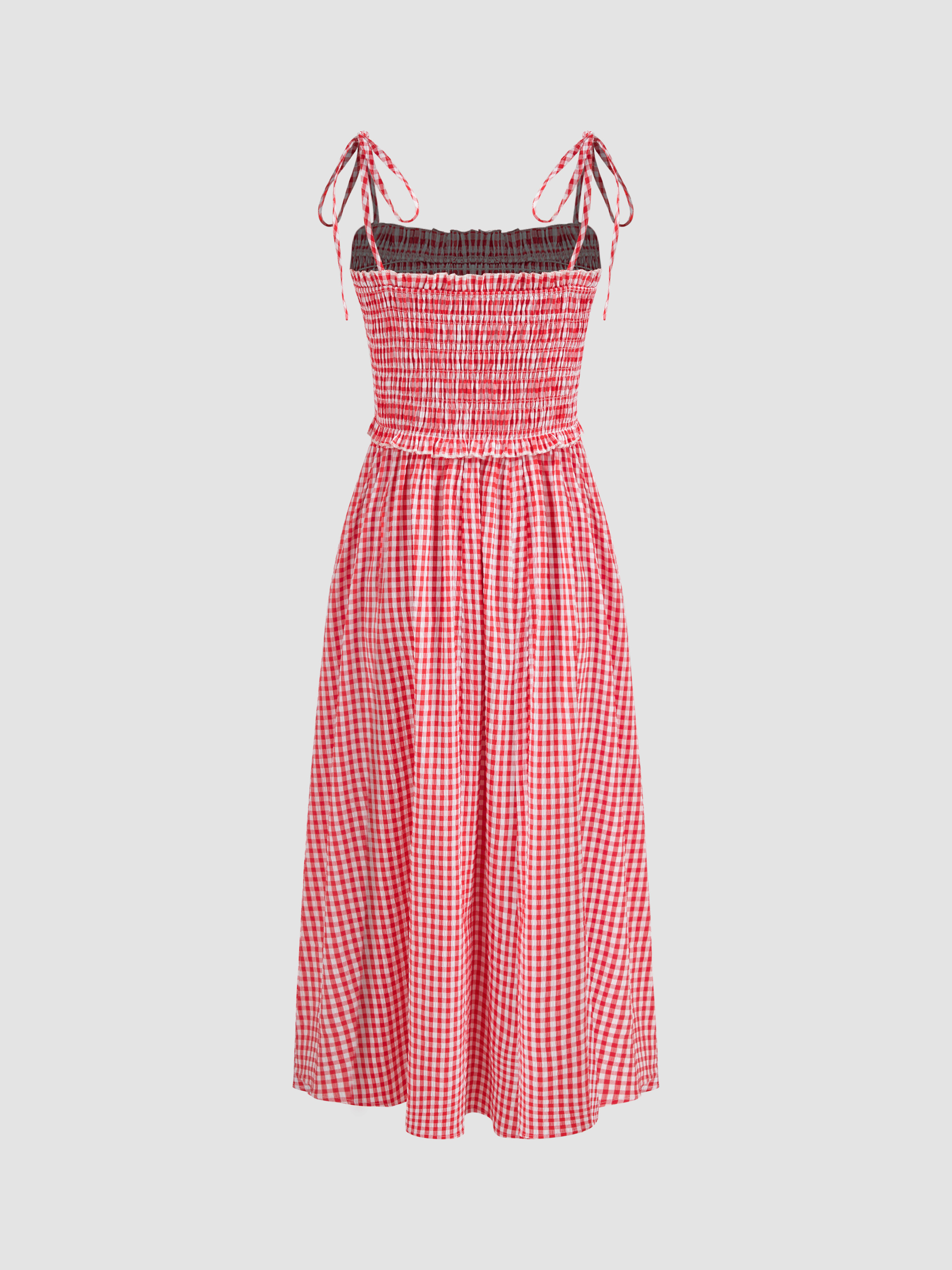 Gingham Dress Picnic Dress Woven Square Neck Gingham Shirred Knotted Midi  Dress For School Vacation