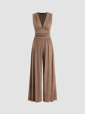 V-neck Ruched Solid Wide Leg Jumpsuit