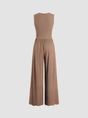 V-neck Ruched Solid Wide Leg Jumpsuit