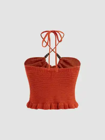  Neckholder Crop Top mit Perlen und Zackensaum
