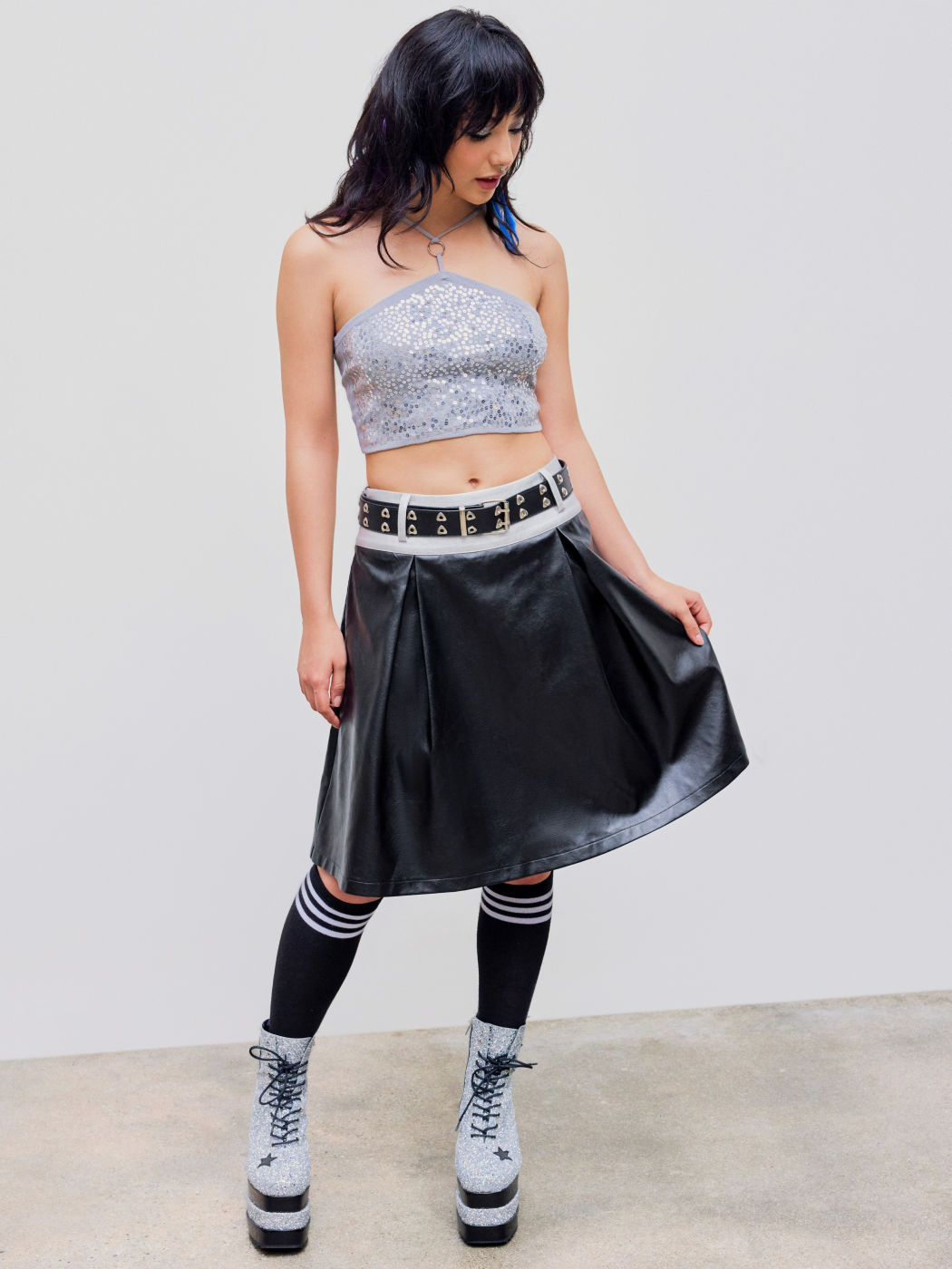 Faux Leather High Rise Contrasting Binding Midi Skirt