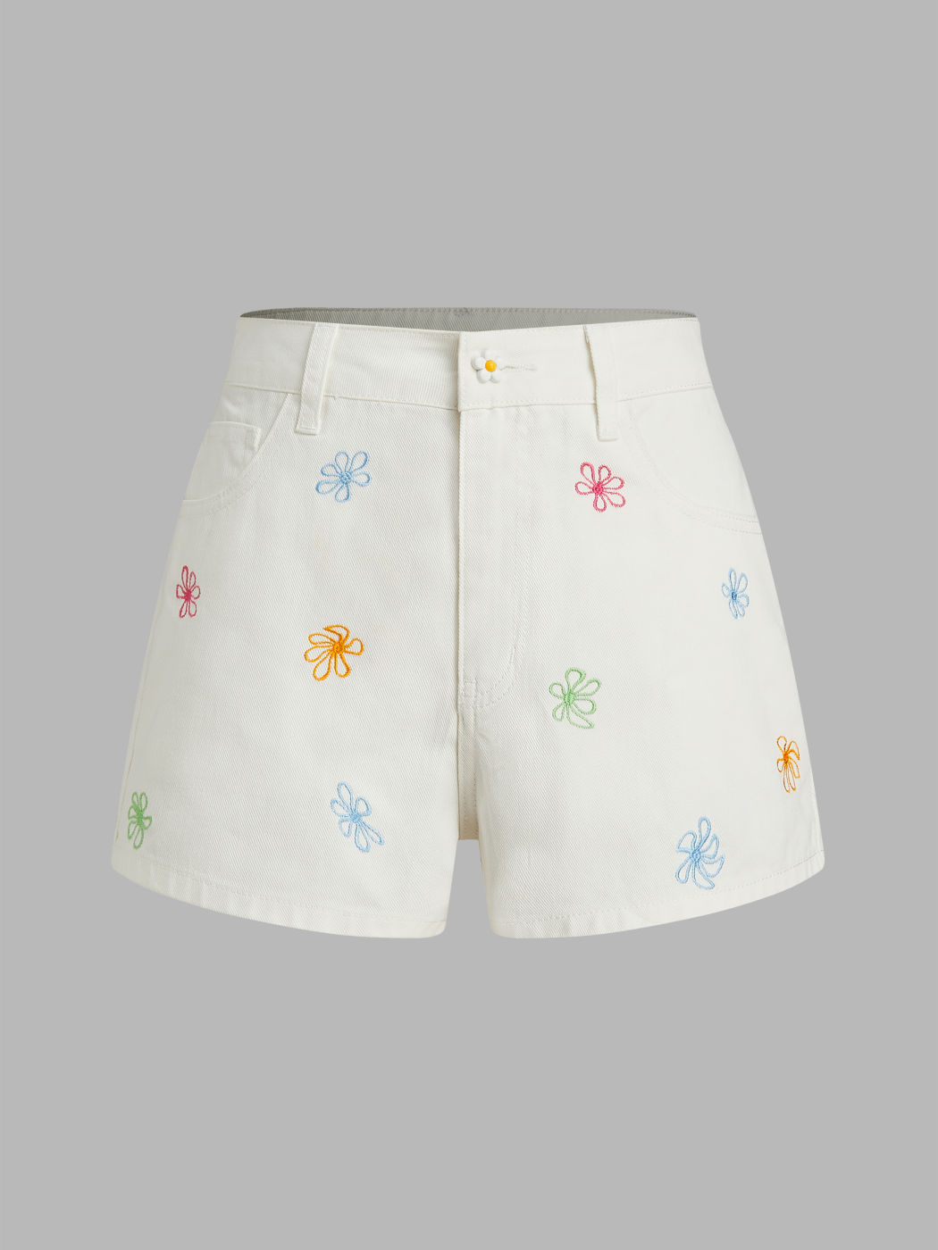 Denim Mid Rise Floral Embroidery Wide Leg Shorts