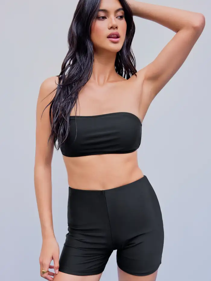 Tummy Control Jersey Shaping Solid Tube Bandeau Bikini Swimsuit