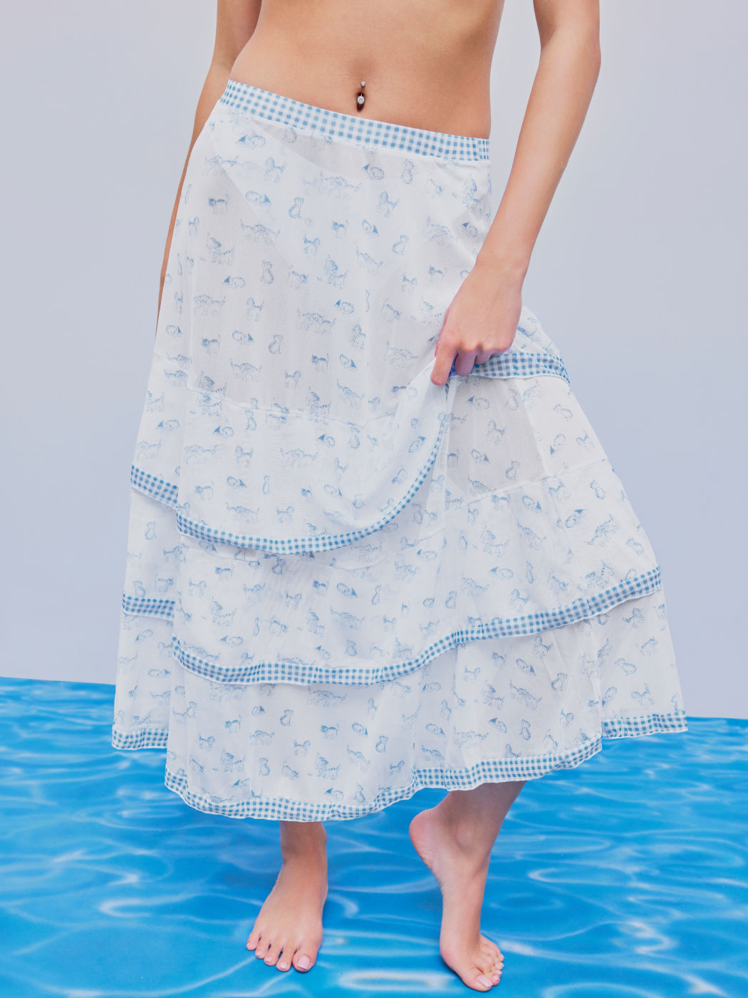 Crochet Cat Graphic Gingham Tiered Cover Up Skirt