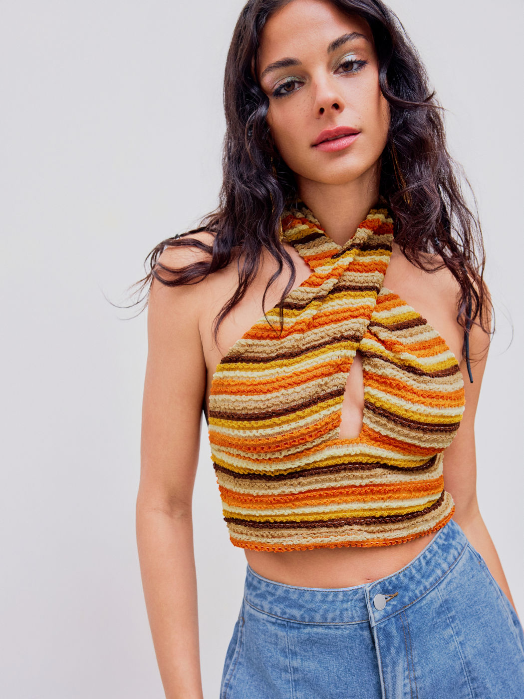 Miami Sunset Urlaub Halter Gestreiftes Criss Cross Crop Top