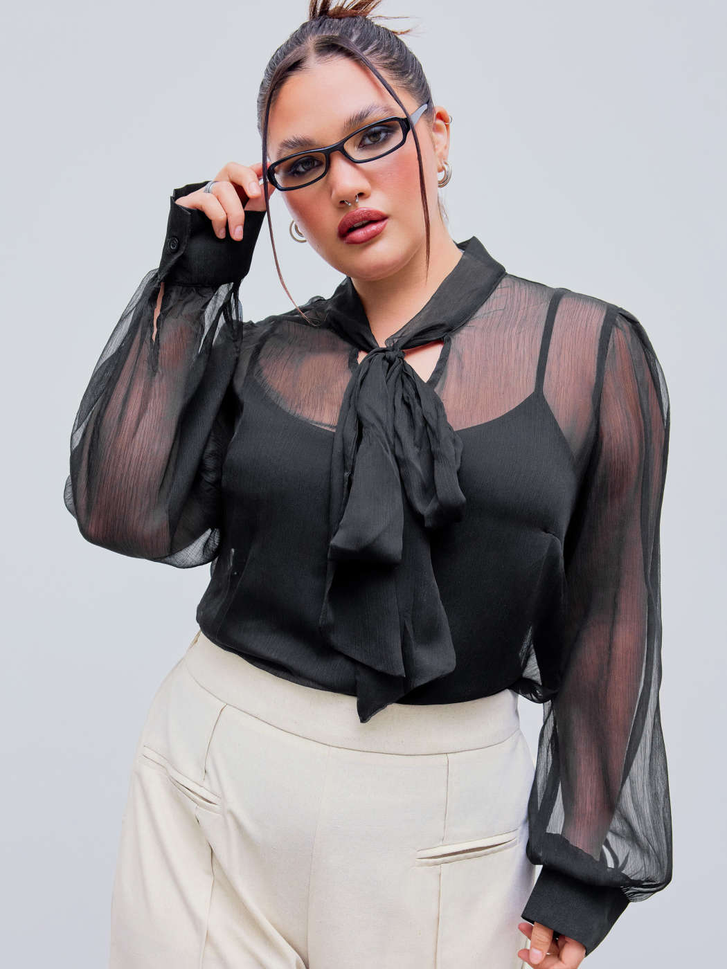 Chifón Blusa de Chifón con Cuello Alto y Malla de Manga Larga y