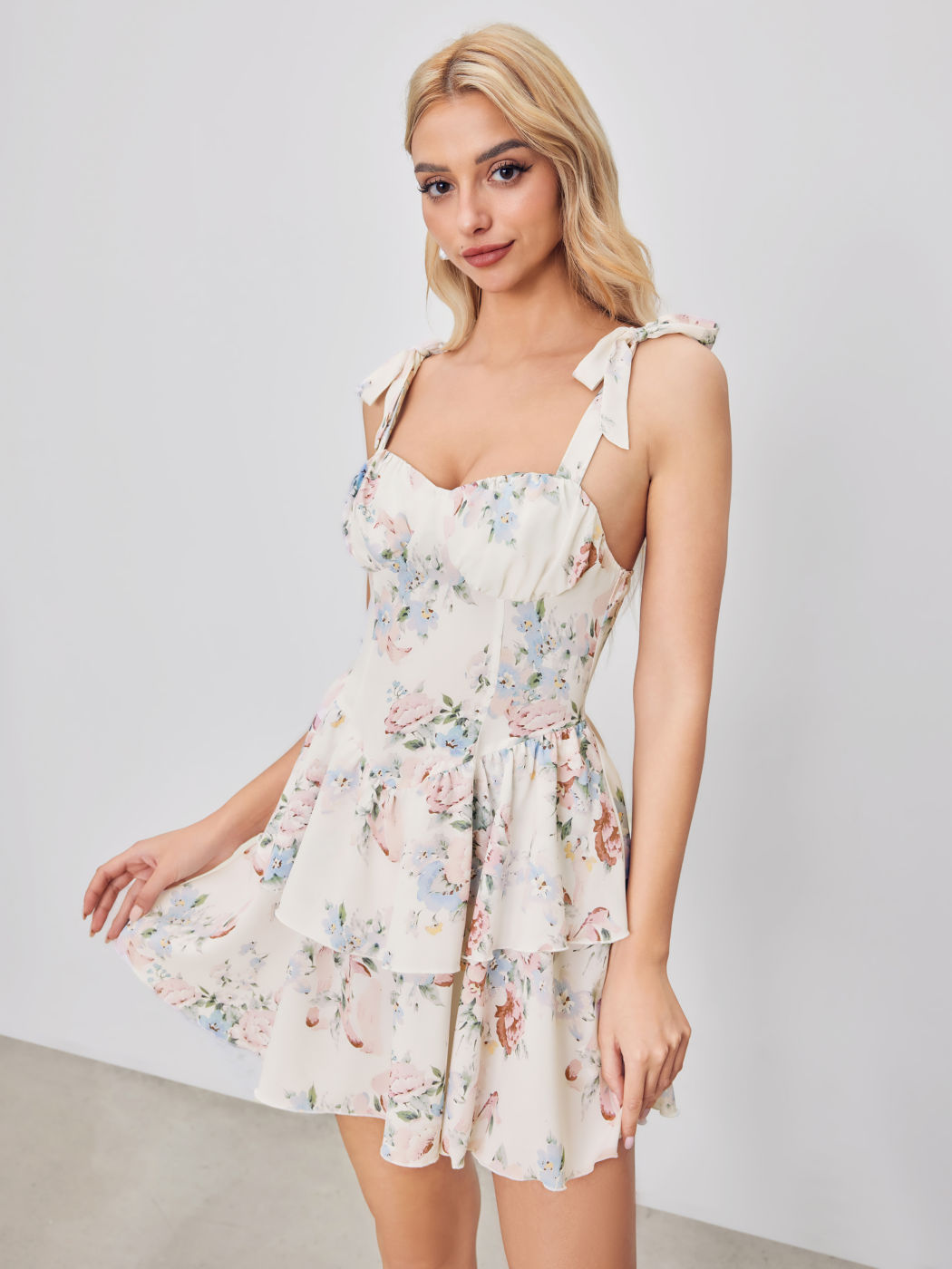 Floral Tiered Knotted Mini Dress