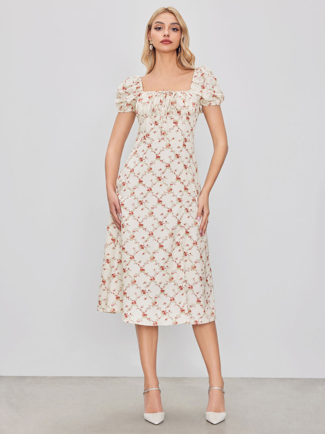  Florales Geknotetes Split Puffärmel Midikleid