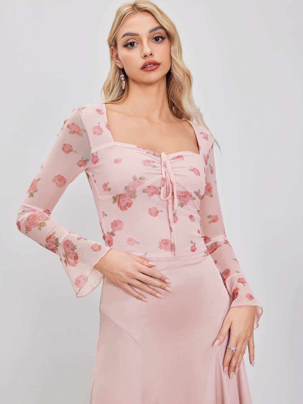Mesh Rose Drawstring Long Sleeve Top