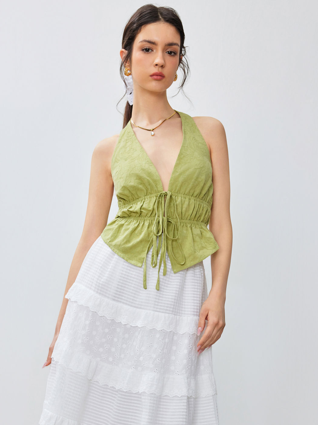 Halter V-Ausschnitt Geknotetes Rüschen Crop Top