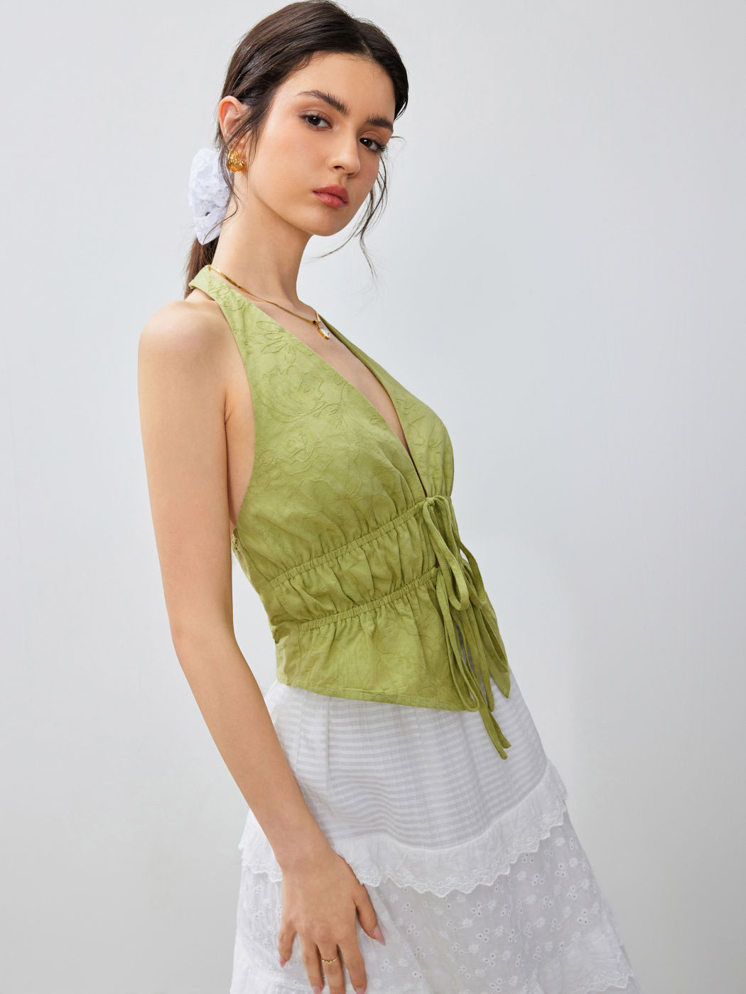 Halter V-Ausschnitt Geknotetes Rüschen Crop Top