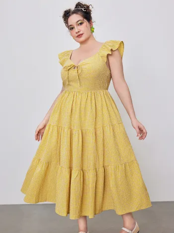Gewebtes Midi-Kleid mit quadratischem Halsrand, Kastenmuster und Spitzenrand Kurve & Plus