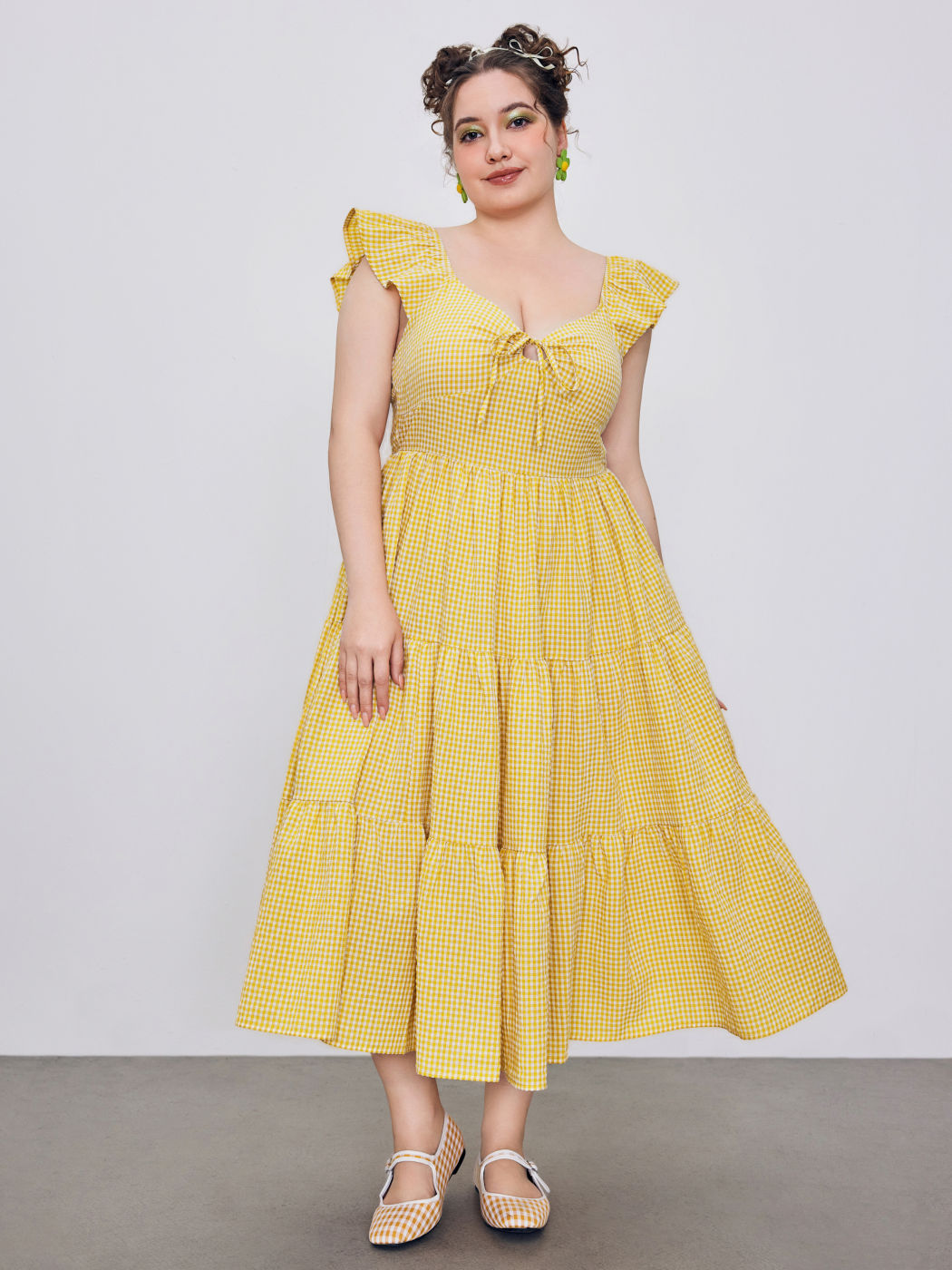Woven Square Neck Check Ruffle Hem Midi Tiered Dress Curve & Plus