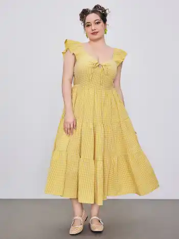 Gewebtes Midi-Kleid mit quadratischem Halsrand, Kastenmuster und Spitzenrand Kurve & Plus