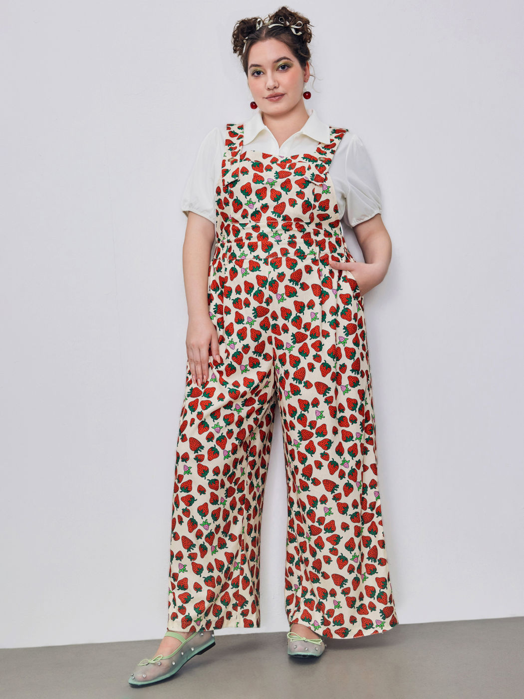 Corduroy Strawberry Print Wide Leg Jumpsuit Curve & Plus