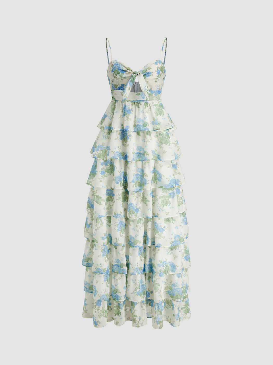 Chiffon Sweetheart Floral Cut Out Layered Ruffle Hem Maxi Dress