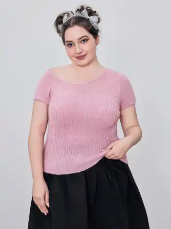  Asymmetrischer Hals Kurzärmlige Strickoberteile Kurve & Plus