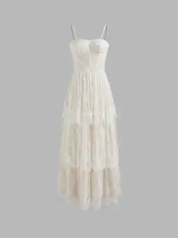 Spitzen-Sweetheart Blumen Mehrlagiges Tüll Maxikleid