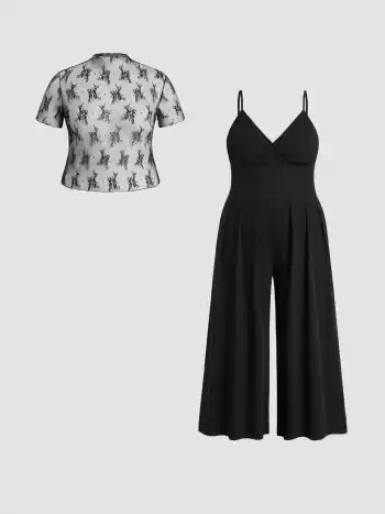 Lace See-through Top & V Neck Wide Leg Jumpsuit Curve & Plus