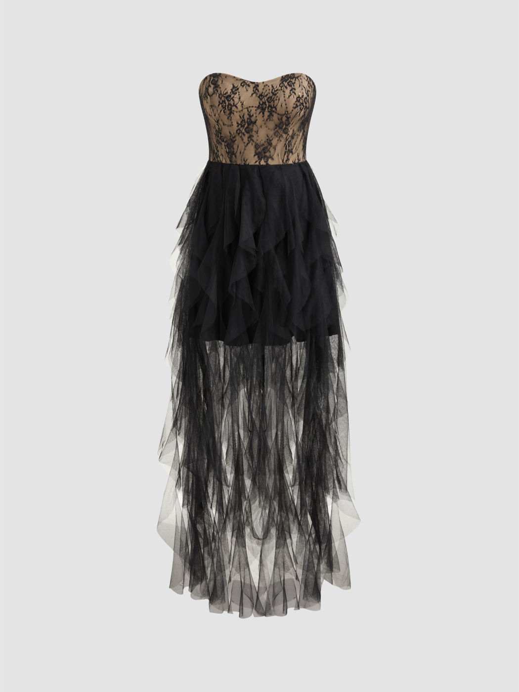 Spitzenloses Blumen Asymmetrischer Saum Tüll Maxikleid
