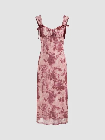 Mesh-Kleid mit quadratischem Ausschnitt und Blumenmuster