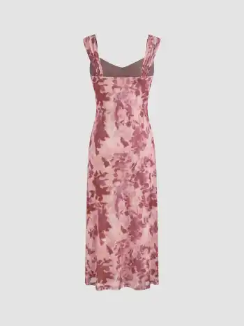 Mesh-Kleid mit quadratischem Ausschnitt und Blumenmuster