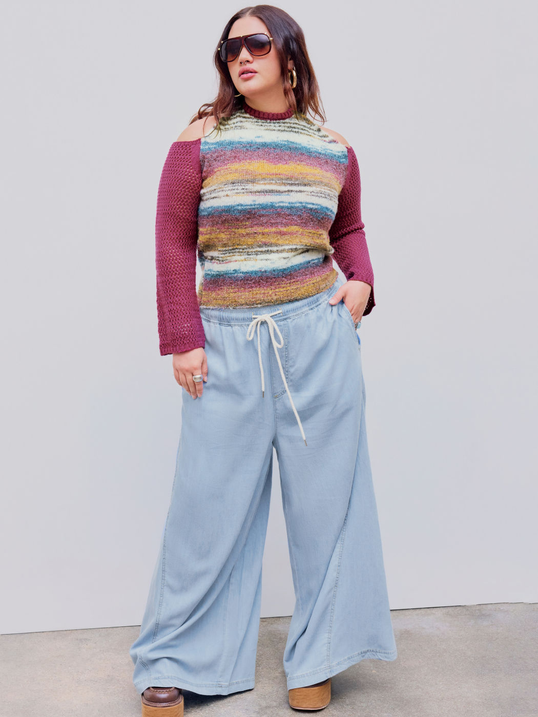 Halter Striped Knitted Long Sleeve Crop Top Curve & Plus
