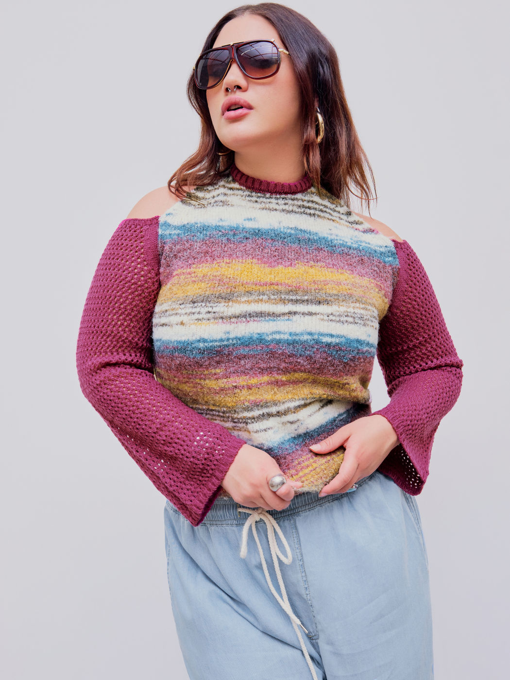 Halter Striped Knitted Long Sleeve Crop Top Curve & Plus