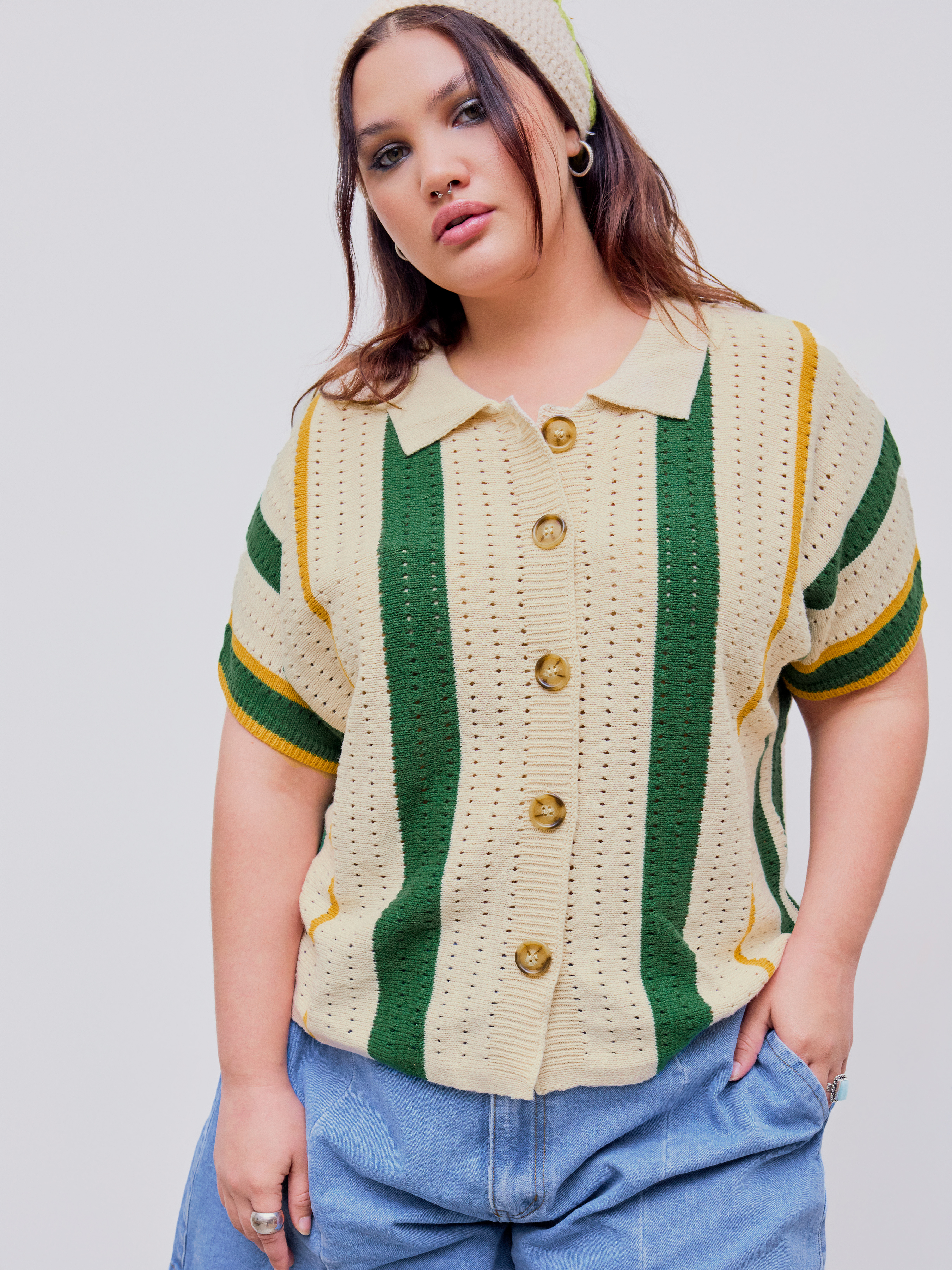 Jacquard Jacquard Striped Hollow Out Short Sleeve Top Curve Jacquard Jacquard Striped Hollow Out Short Sleeve Top Curve