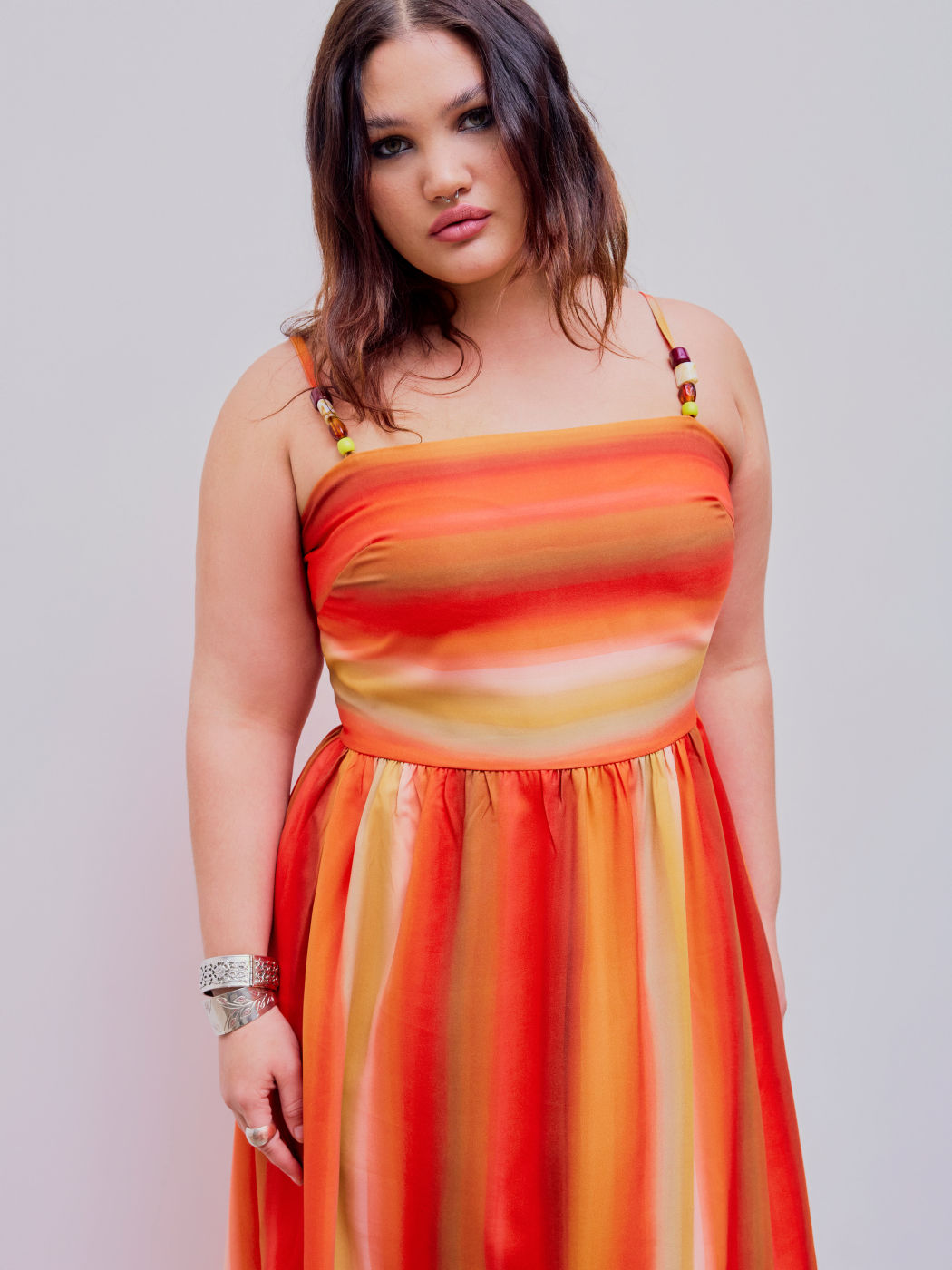 Woven Gradient Beaded Ruffle Midi Dress Curve & Plus