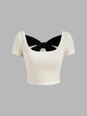 Scoop Neck einfarbiges Schleifen Crop Kurzarm-T-Shirt