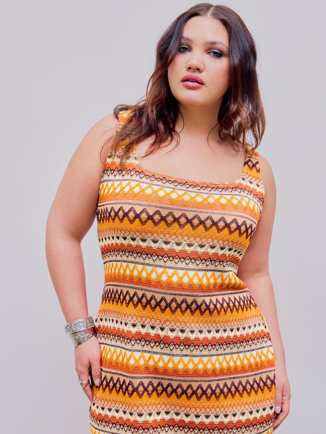 Square Neck Striped Geometric Split Midi Dress Curve & Plus