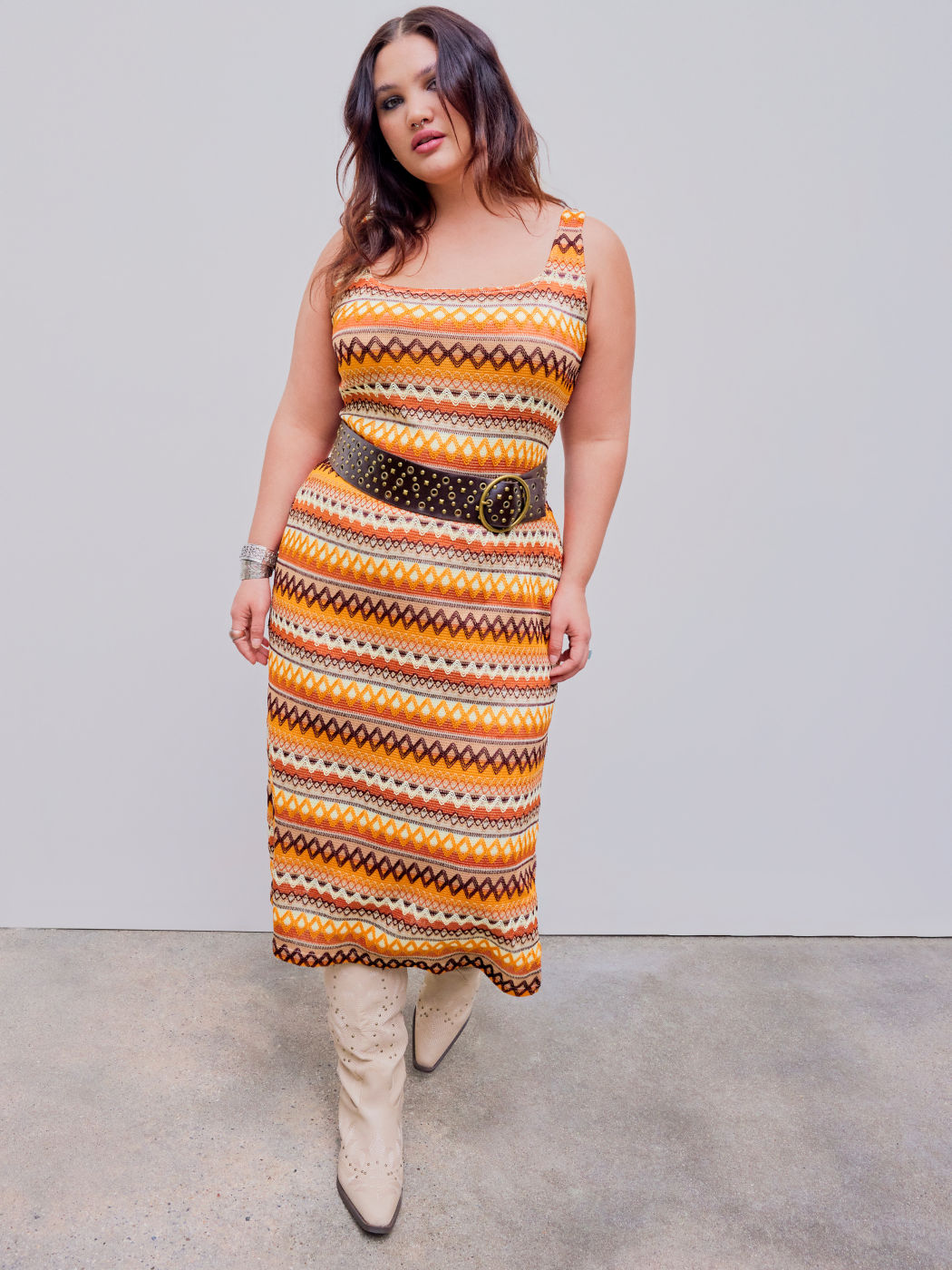 Square Neck Striped Geometric Split Midi Dress Curve & Plus