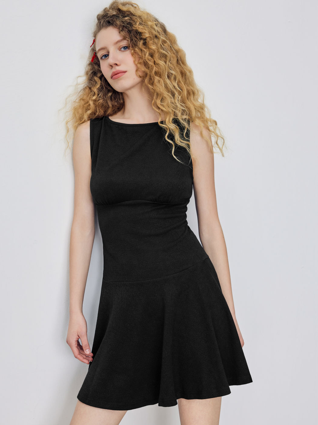 Textured Round Neck Long Sleeve Mini Dress