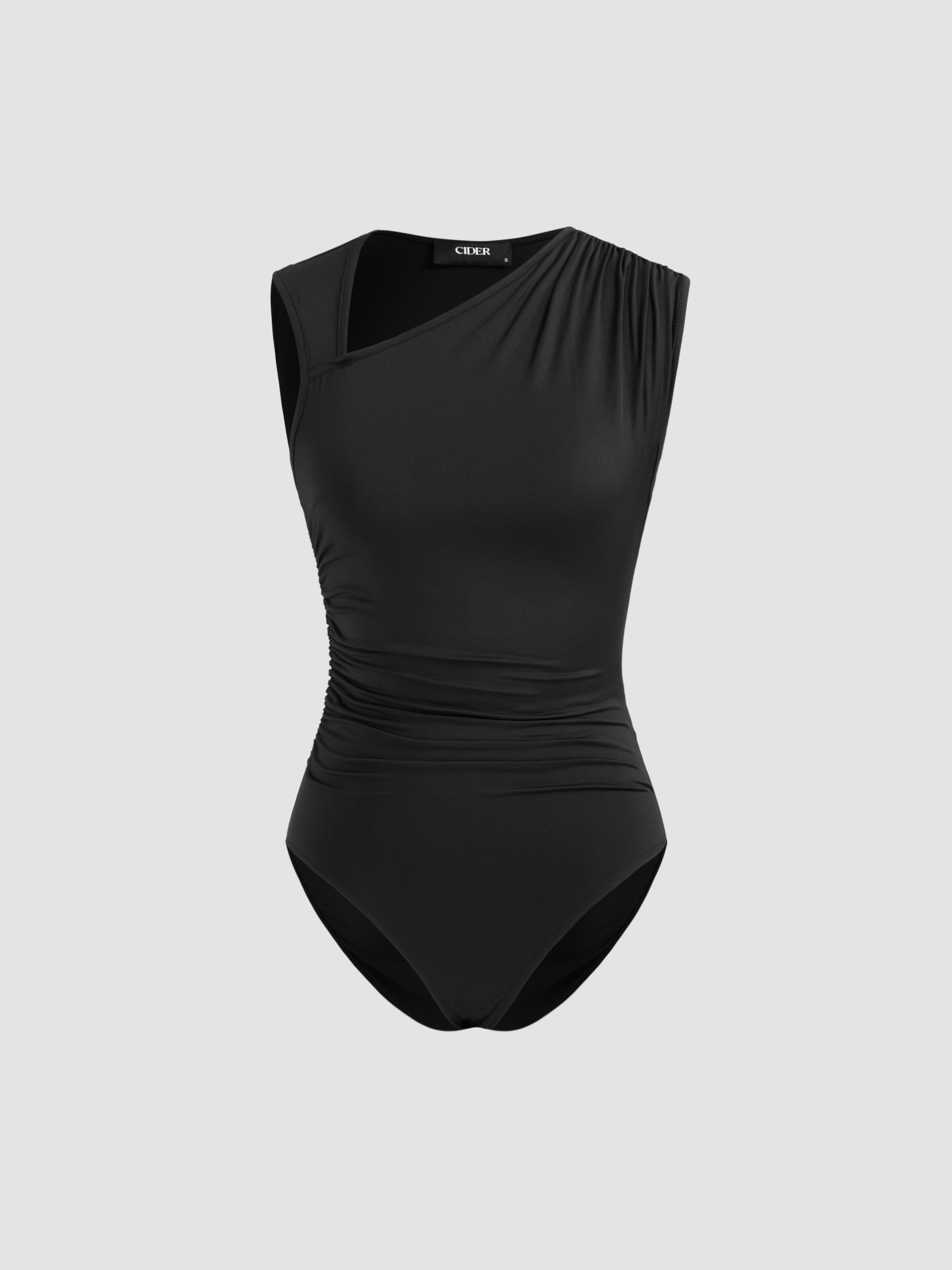 Asymmetrical Collar Knit Bodysuit with Tie Detail