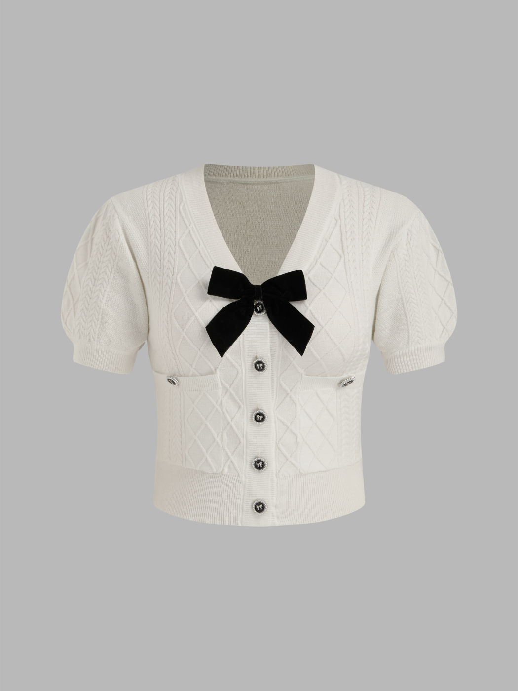 Knitted V-neck Bowknot Pocket Crop Short Sleeve Top