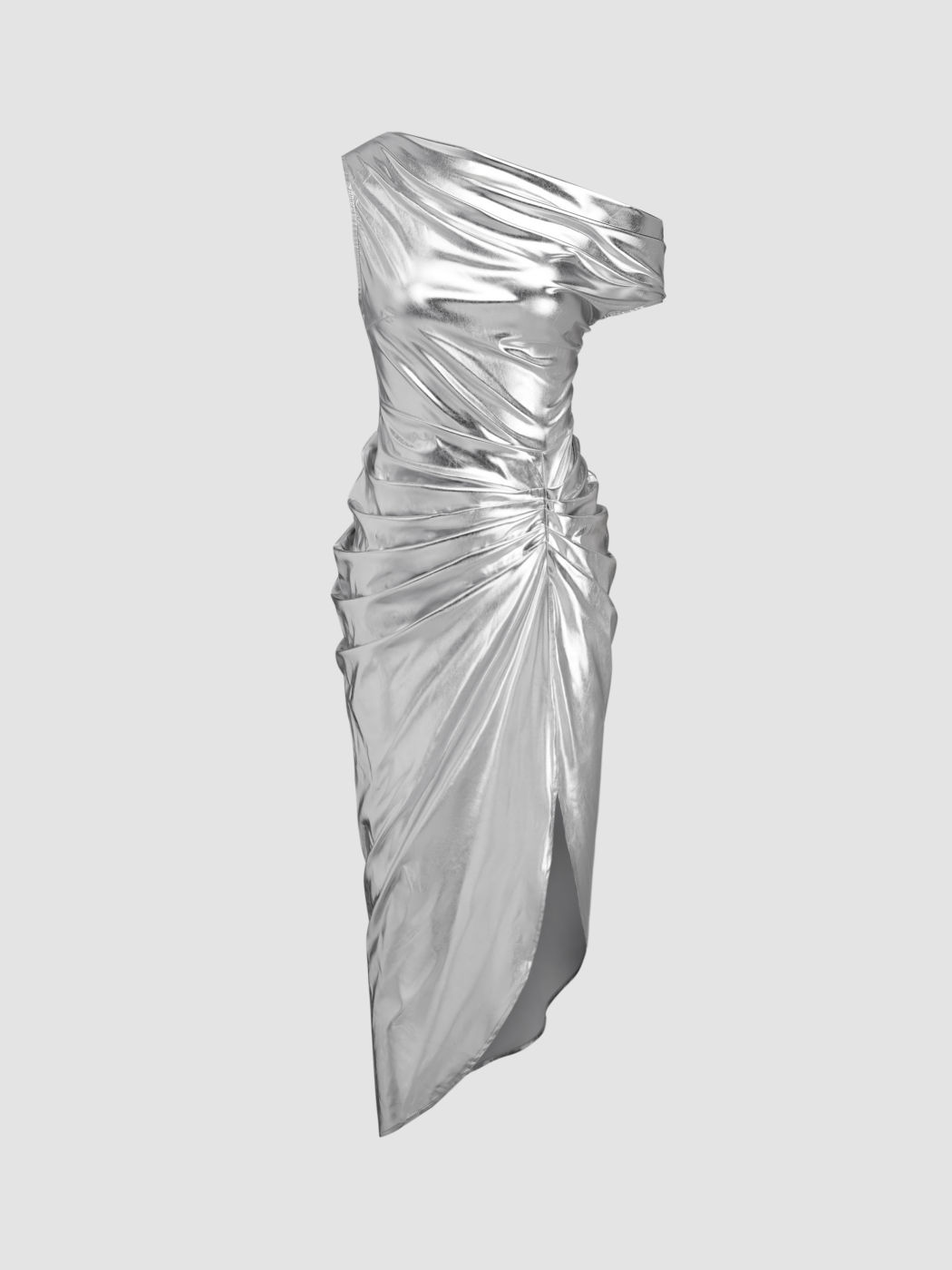 Metallic Asymmetrical Neck Solid Ruched Split Midi Dress