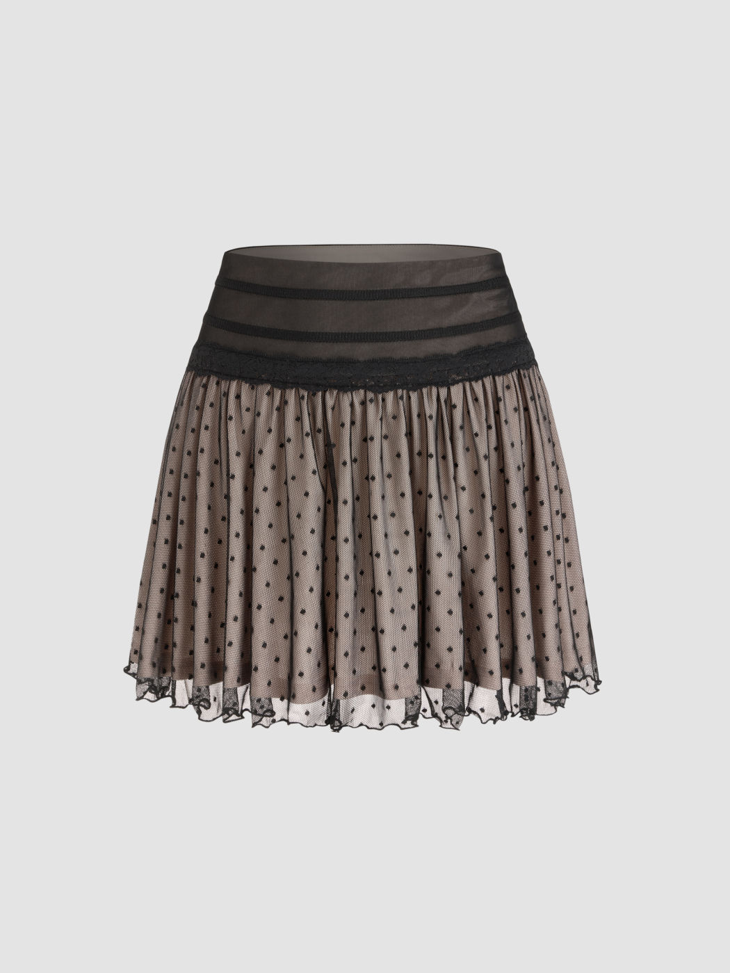 Mesh Mid Rise Polka Dot Lace Ruffle Hem Mini Skirt
