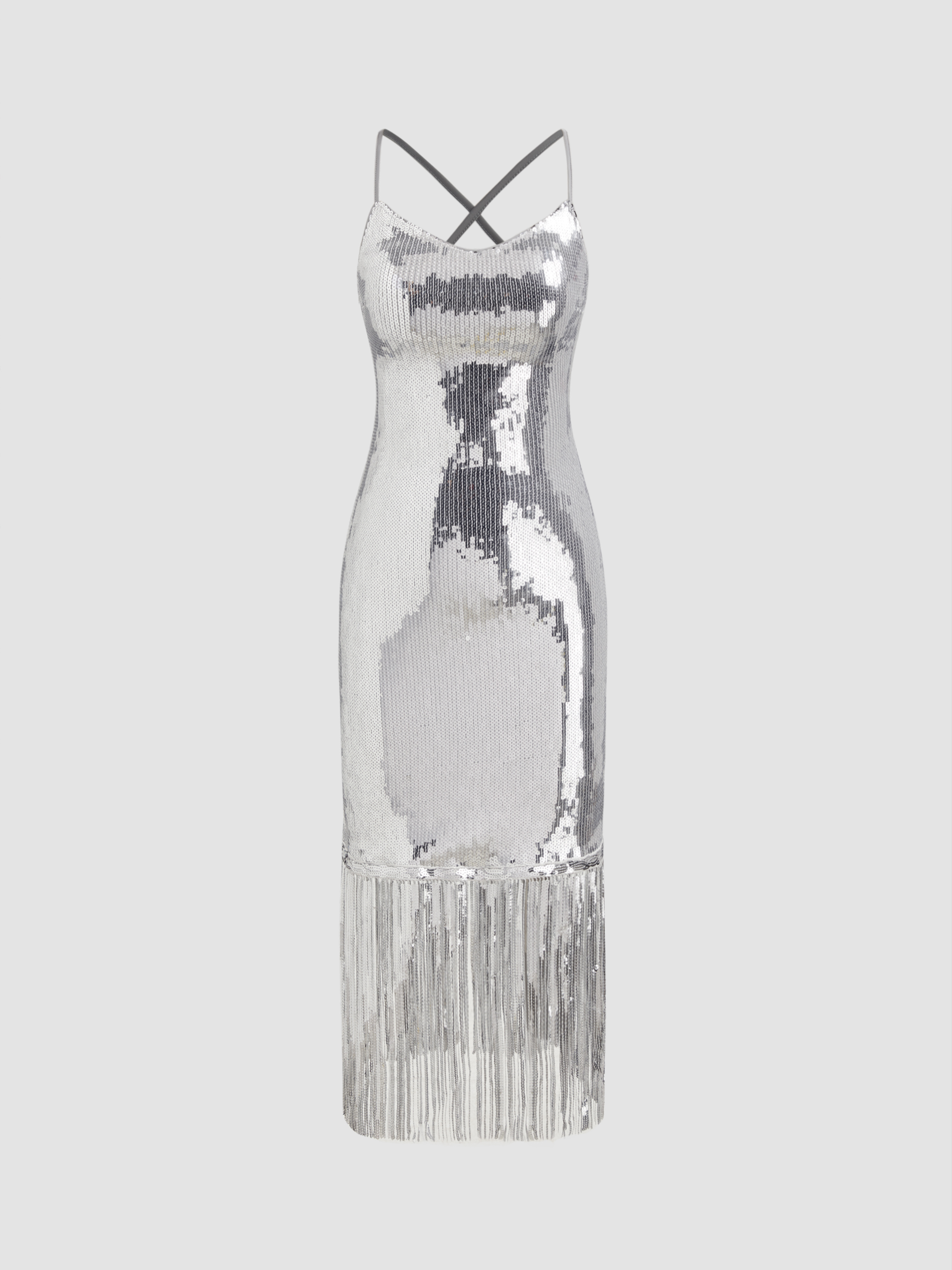 Sequin Scoop Neck Criss Cross Tassel Midi Dress