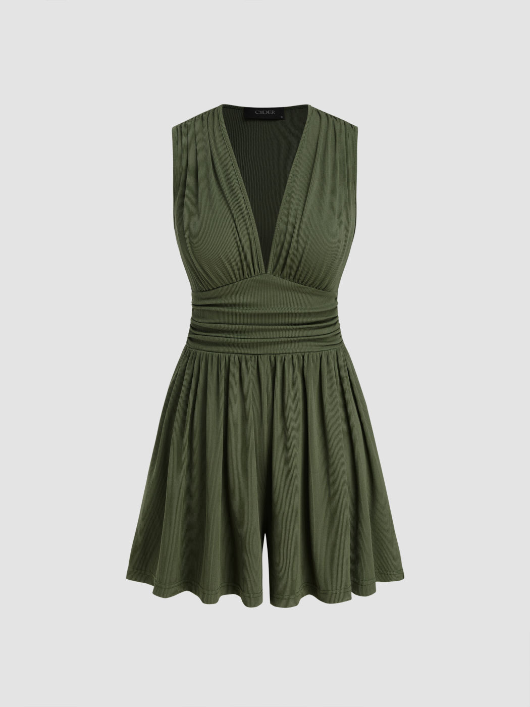 V-neck Solid Ruched Pocket Romper