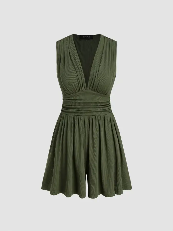 V-neck Ruched Solid Wide Leg Jumpsuit