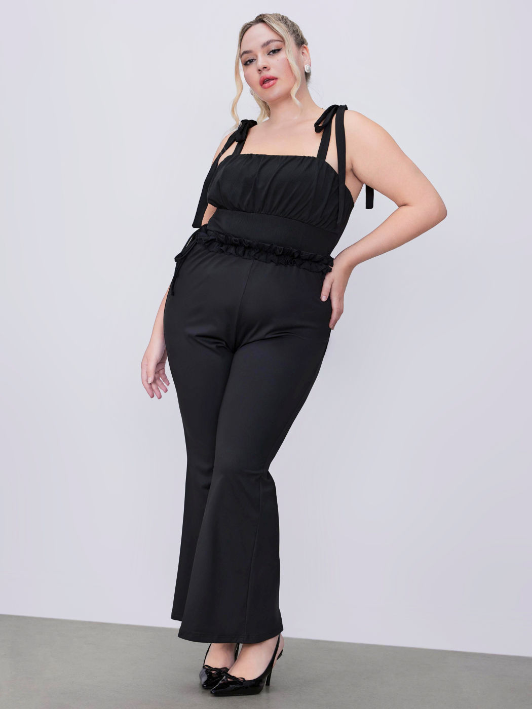 Mid Rise Ruffle Trim Knotted Flared Trousers Curve & Plus