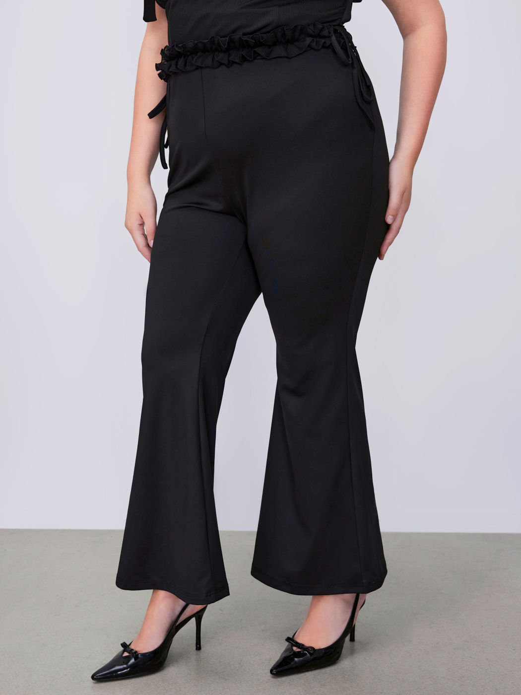Mid Rise Ruffle Trim Knotted Flared Trousers Curve & Plus