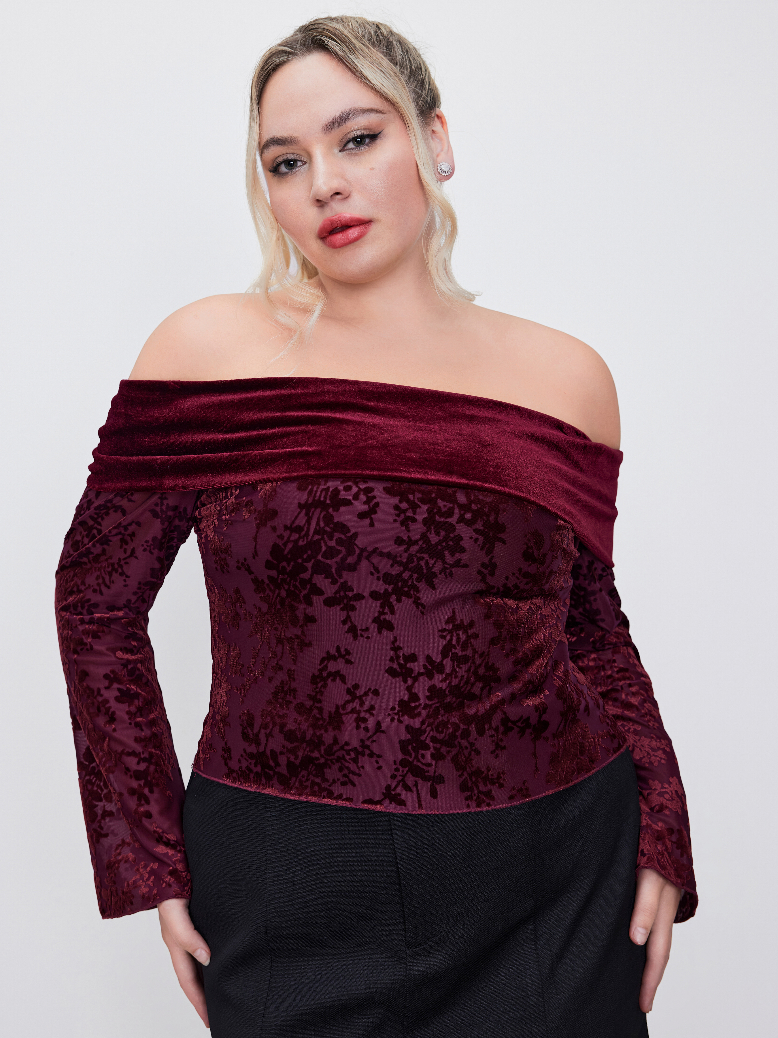 Mesh Off-shoulder Jacquard Floral Long Sleeve Top Curve