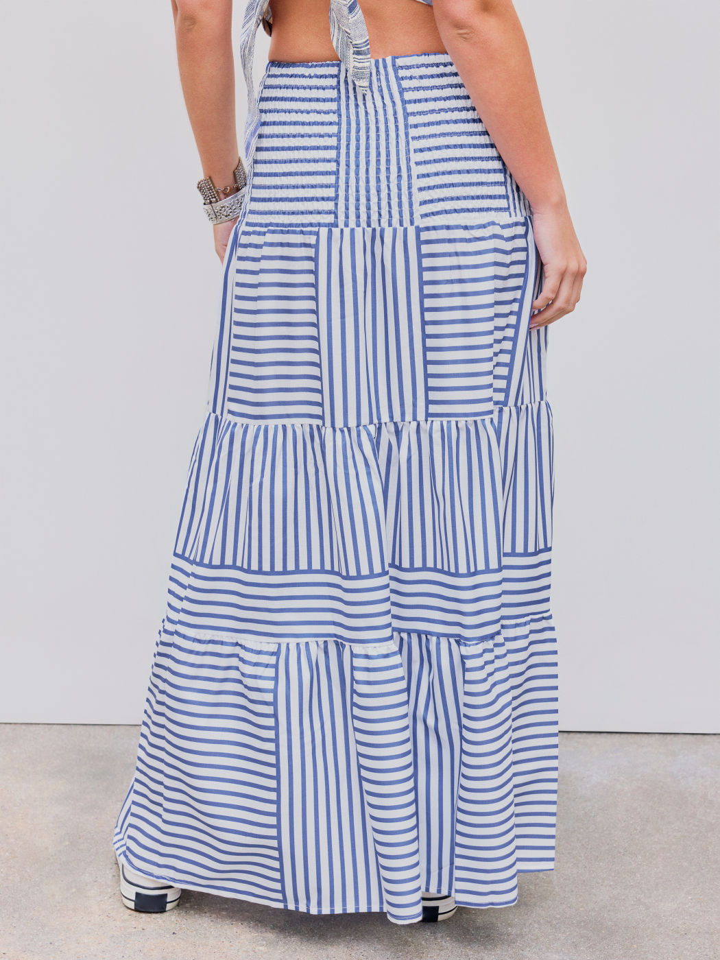Two Way High Rise Striped Shirred Maxi Skirt